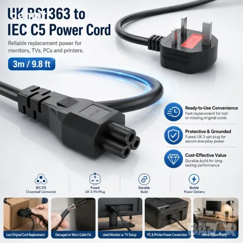 Резервен захранващ кабел за AC адаптер 3 метра, IEC C5 Mickey Mouse женски към NEMA 5-15P, снимка 5 - Кабели и адаптери - 55569086