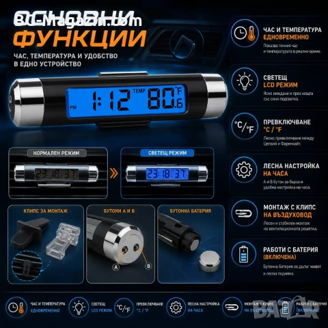 Дигитален термометър за кола и часовник 2в1 с LCD подсветка за въздуховод, снимка 2 - Аксесоари и консумативи - 55123783