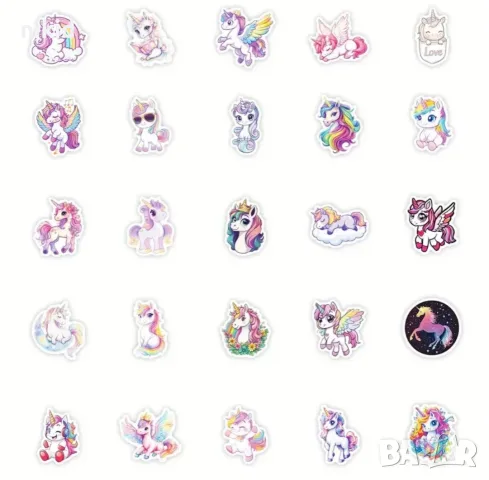 50 Еднорог unicorn самозалепващи стикери лепенки за украса декор торта парче и др, снимка 3 - Декорация за дома - 21183948