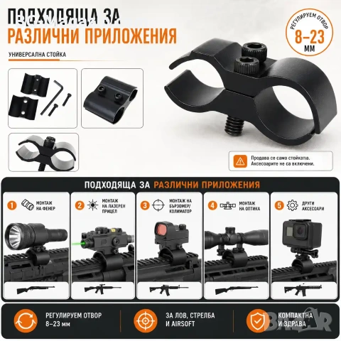 Универсална стойка R1 за монтаж на аксесоари върху оръжие пушка въздишна ловна фенер лазер бързомер, снимка 5 - Оборудване и аксесоари за оръжия - 51092070