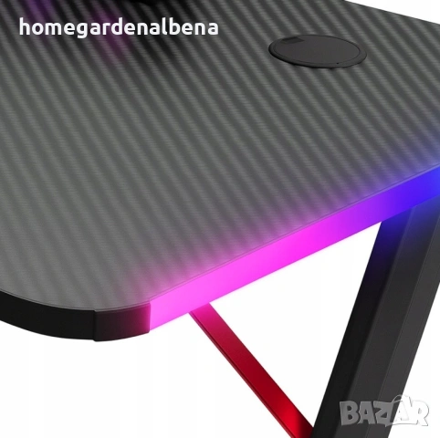 Геймърско бюро 140x60x75 см, RGB LED осветление, карбонов плот, поставка за напитки и слушалки, снимка 5 - Бюра - 54687181