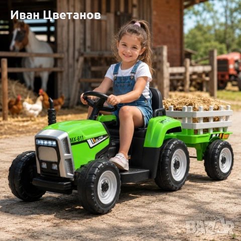Детски акумулаторен трактор с ремарке 12V – 2x25W, MP3, Bluetooth, до 30 кг, зелен, снимка 2 - Детски велосипеди, триколки и коли - 55257176