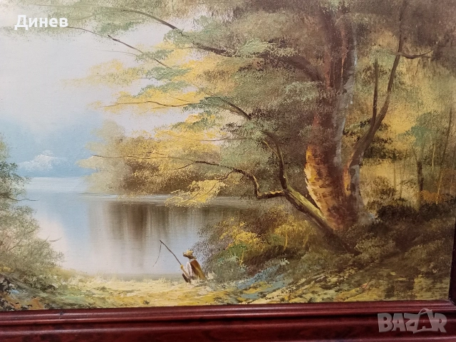 „Спокойствие край езерото“ – Авторска маслена живопис в масивна рамка, снимка 4 - Картини - 53966492