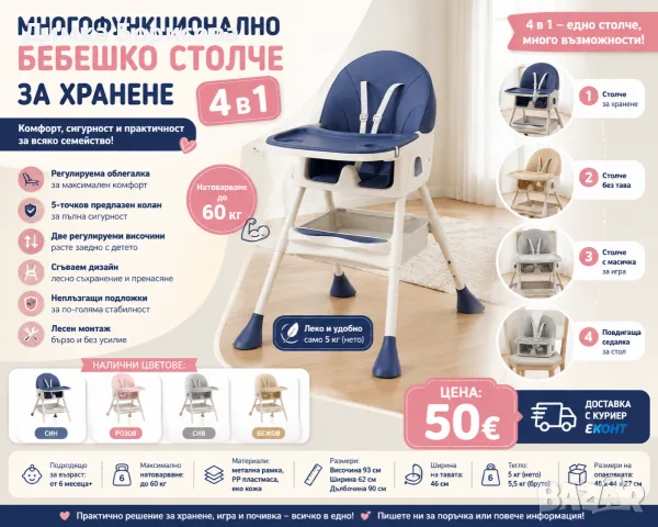 🍼✨ Многофункционално бебешко столче за хранене 4 в 1 ✨🍼