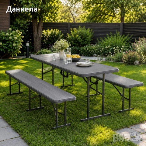 Сгъваема кетъринг и градинска пейка 183x28x43 см, до 200 кг, тъмносива, дървесен ефект, снимка 3 - Градински мебели, декорация  - 54767548