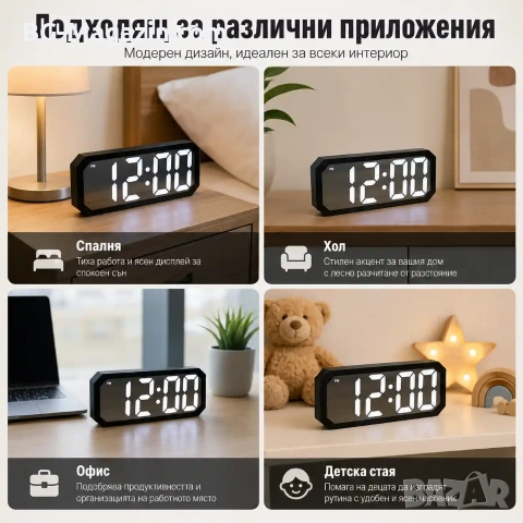 Модерен дигитален електронен часовник с термометър големи цифри светещ на ток температура за спалня, снимка 8 - Други - 51038251