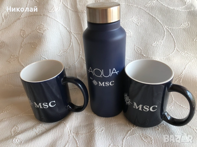 Алуминиева бутилка за вода AQUA by MSC Cruises и 2 бр. оригинални сувенирни чаши MSC Cruises