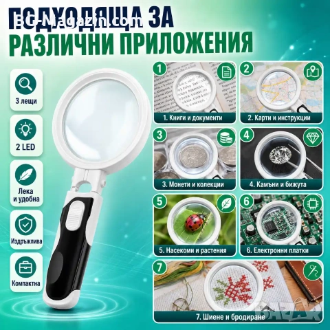Увеличителна мощна ръчна лупа с LED осветление лампа дръжка различни сменяеми лещи четене бижута, снимка 4 - Други инструменти - 50920055