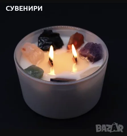 Кристална свещ за чакри. Изработена от истински скъпоценни камъни, изцяло натурален соев восък, снимка 2 - Свещи и свещници (декоративни) - 55637891