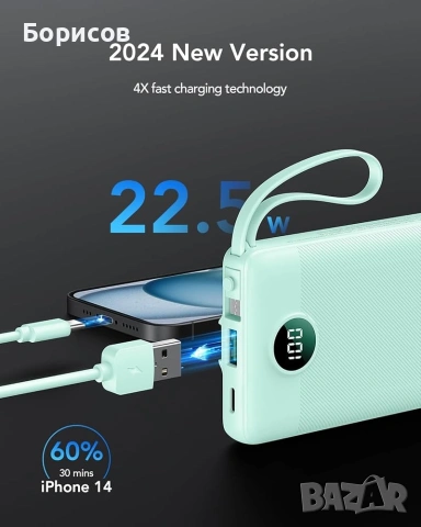 Преносима батерия (power bank) VRURC, модел T1116, с капацитет 10000 mAh и вградени кабели, снимка 7 - Външни батерии - 55068898