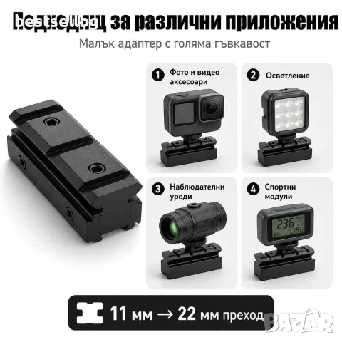 Преходна шина стойка адаптер 11мм-22мм Weaver / Picatinny за оръжие пушка ерърсофт прицел оптика, снимка 7 - Оборудване и аксесоари за оръжия - 54109807