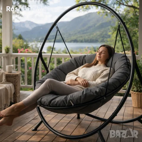 Висящ стол PATIO с тъмносива възглавница и сива рамка - стилен акцент за всеки дом и градина, снимка 5 - Градински мебели, декорация  - 55432243