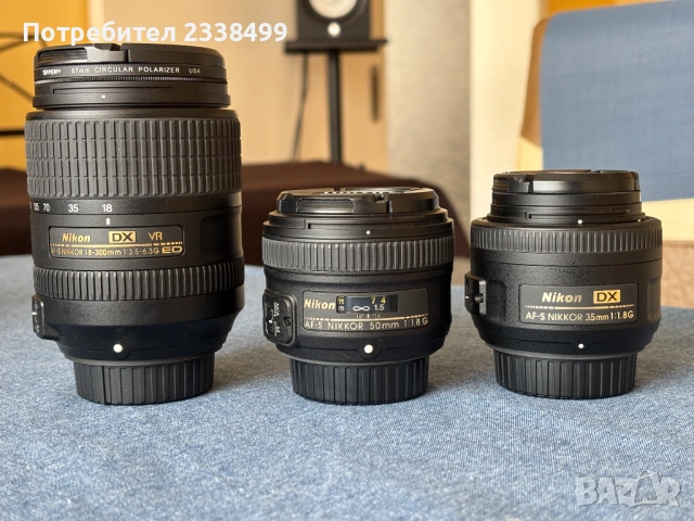 Обективи Nikkor 35 mm, 50 mm, 18-300 mm