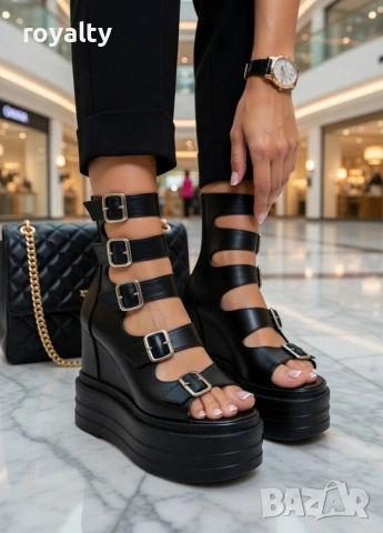 Летни боти на платформа - черна кожа, снимка 2 - Сандали - 54029295