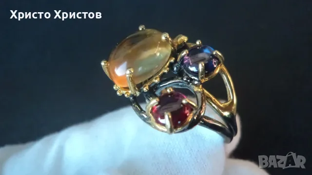Сребърен нов пръстен уникат с позлата и натурални камъни