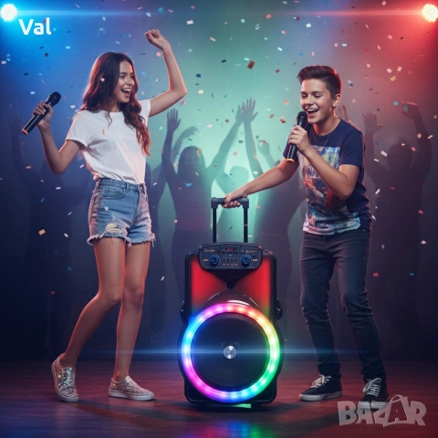 Караоке тонколона 12" BT-1218 с Bluetooth, цветомузика и 2 безжични микрофона , снимка 5 - Тонколони - 54827078