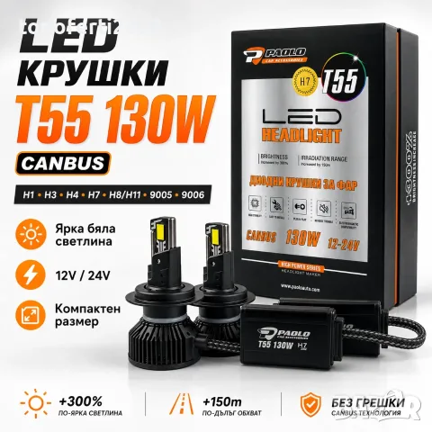 СУПЕР МОЩНИ LED Крушки T55 130W CANBUS за Фарове – H1, H3, H4, H7, H8/H11, 9005 и 9006 – 12V/24V