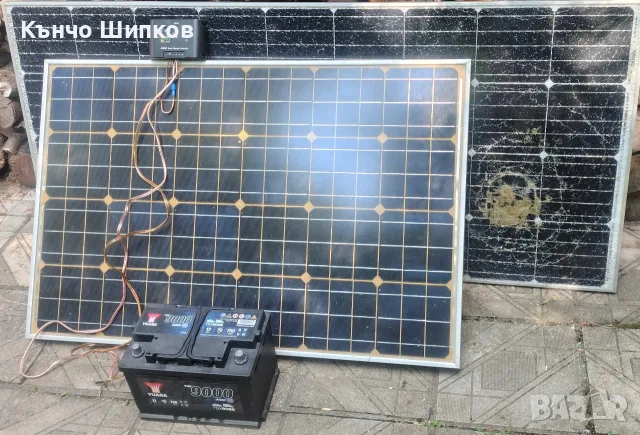Два соларни панела (100w и 175w), AGM акумулатор 70ah и контролер за заряд 10A. 