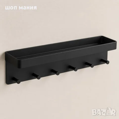Стенна метална закачалка с рафт за ключове – 6 куки за дрехи и аксесоари, 24,3×5,7×4,1 см