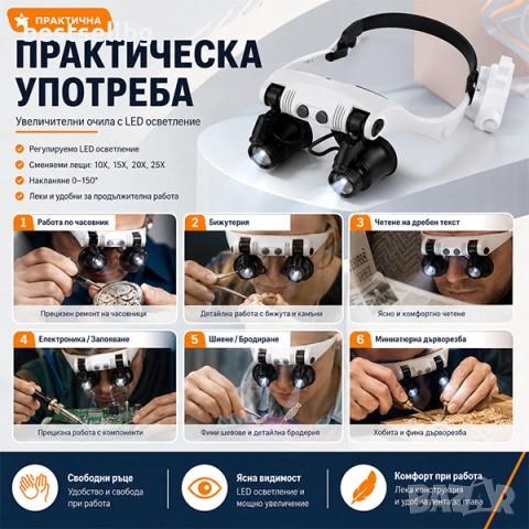 Златарска професионална увеличителна лупа очила лед осветление бижута, снимка 8 - Други инструменти - 29106251