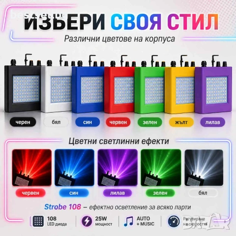 LED стробоскоп Strobe 108 с 108 цветни диода и музикален режим, снимка 6 - Лед осветление - 55052769