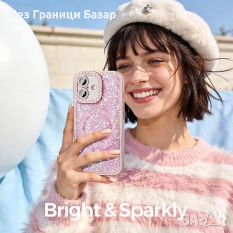 Нов Калъф за iPhone 17 MagSafe розов блестящ с кристали и каишка, защитен кейс Айфон , снимка 7 - Калъфи, кейсове - 54723966