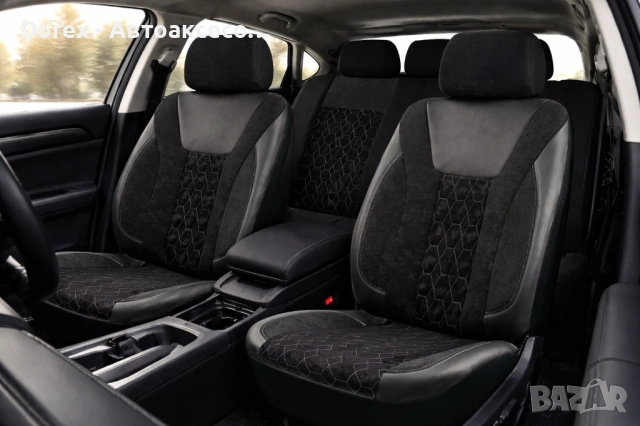 Луксозен универсален комплект автомобилни калъфи 9 части от еко кожа, текстил и полиестер - черно-си