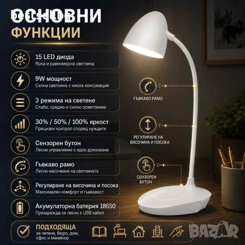 Стилна и мощна акумулаторна настолна нощна лампа с LED осветление мощност 9W три режима на сила на с, снимка 2 - Настолни лампи - 29096674