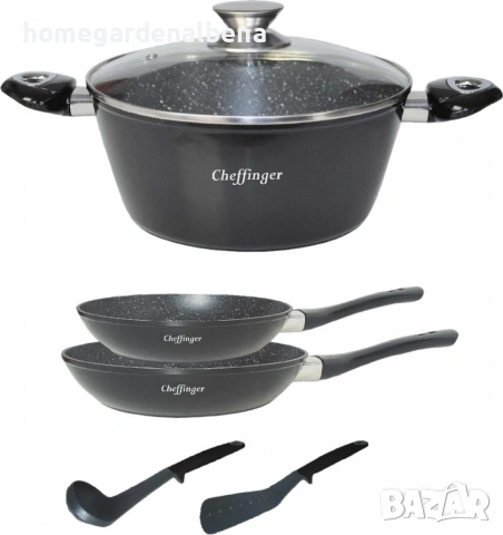 Комплект съдове за готвене Cheffinger 6 части тенджера тигани 24 28 см мраморно покритие индукция, снимка 3 - Прибори за хранене, готвене и сервиране - 54165510