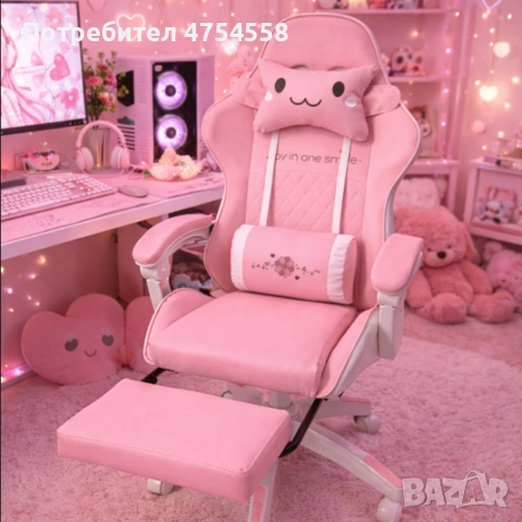 Ергономичен розов геймърски стол с поставка за крака - регулируема облегалка и 2 възглавници , снимка 2 - Столове - 53961109