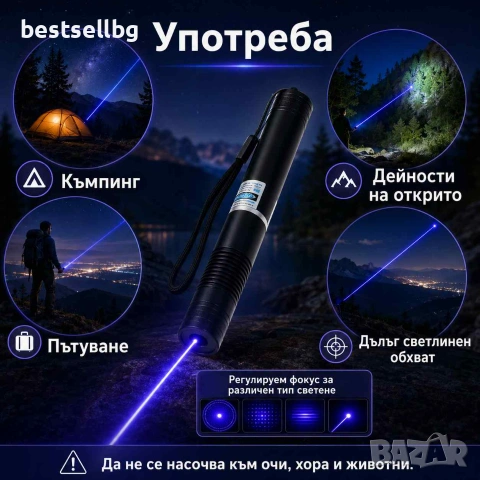 Мощен силен син акумулаторен лазер 5000mw приставки предпазни очила пука балон пали клечка 1W зелен, снимка 3 - Друга електроника - 10405069