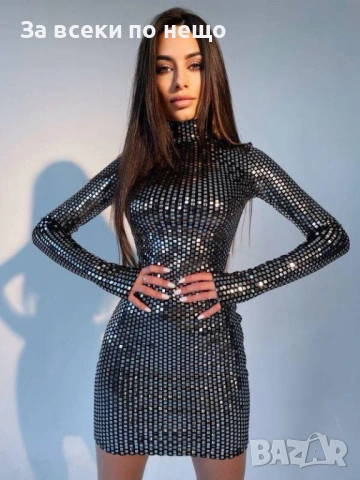 Дамска Черна Секси Елегантна Рокля С Бляскави Пайети И Висока Яка Код Верона34, снимка 3 - Рокли - 54003602