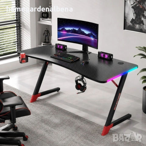 Геймърско бюро 140x60x75 см, RGB LED осветление, карбонов плот, поставка за чаша и слушалки, черно, снимка 9 - Бюра - 54687210