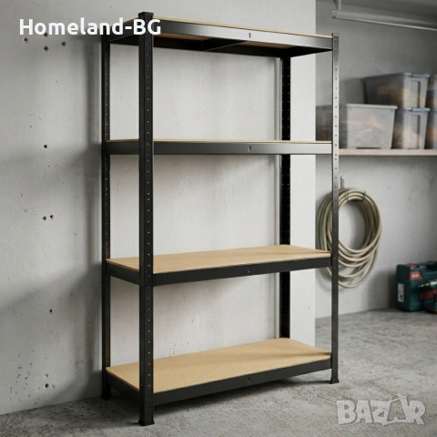Метален стелаж за съхранение, 4 рафта, 540кг, черен, 150x75x30см, снимка 9 - Етажерки - 55007886