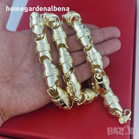 Мъжки ланец бамбук гръцки меандър медицинска стомана 18К злато биколор, снимка 2 - Колиета, медальони, синджири - 54130724