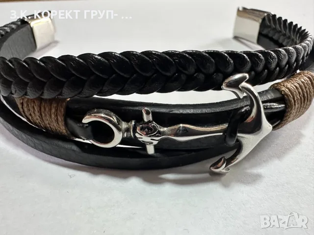 Мъжка гривна Silver Flame с котва – естествена кожа и неръждаема стомана – 21,5 см, снимка 3 - Гривни - 55411936