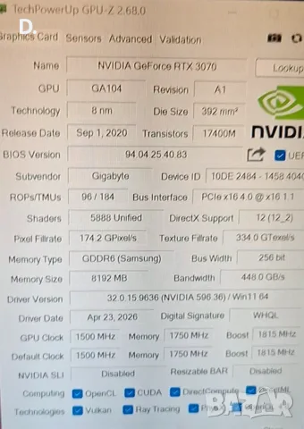 Продавам видео карта Rtx 3070 Gaming OC 8GB, снимка 7 - Видеокарти - 55577319