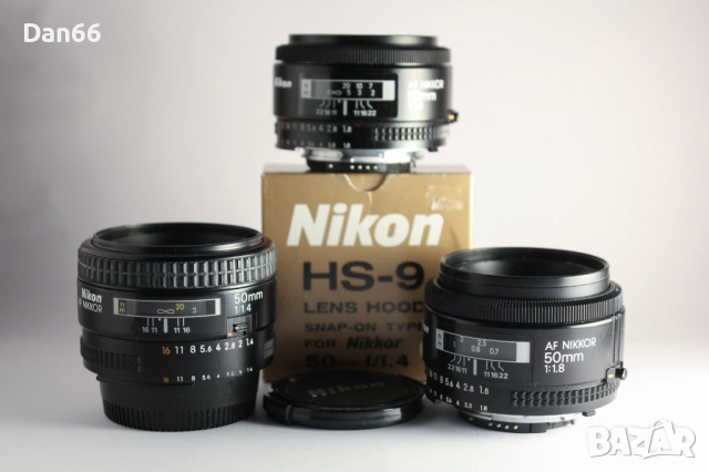 Nikon AF-Nikkor 50mm f/1,4 с HS-9 сенник и Nikkor 1,8/50 AF-Nikkor обективи