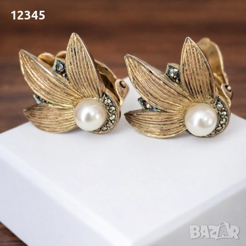 Оригинални маркови позлатени сребърни обеци с маркизати и перли " Fahrner"