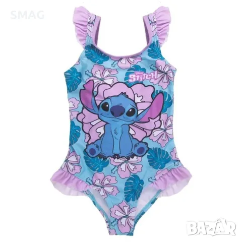 Цял бански за момиче с флорален мотив и stitch светлосиньо и лилаво_1250280