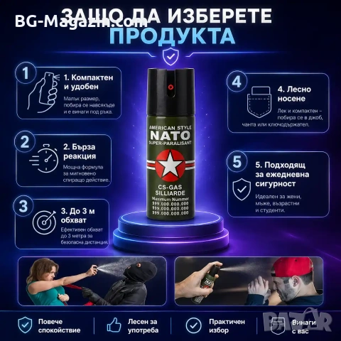 Лютив спрей за самозащита кучета NATO газов парализиращ самоотбрана нападение за жени дамски кучегон, снимка 5 - Оборудване и аксесоари за оръжия - 51014780