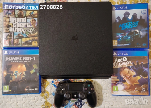 Конзола PlayStation 4 Slim 1TB в комплект с 4 оригинални игри- отлична
