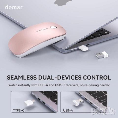 Безжична мишка RaceGT USB C и USB A, преносима, лека, оптична, регулируеми DPI, розова, снимка 4 - Клавиатури и мишки - 54065563