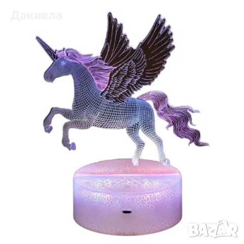 Детска нощна 3D LED лампа, Крилат еднорог, променящи се цветове, 20 см