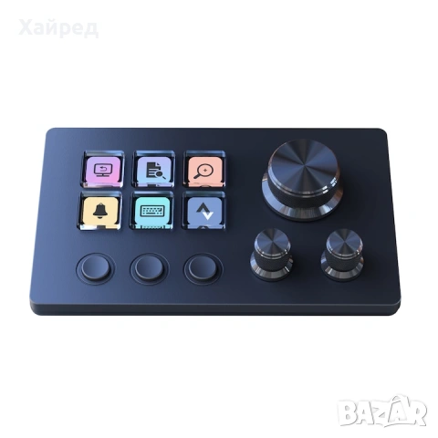 Basicolor N3 Macro Pad за компютър с тройни въртящи се копчета и 6 LCD бутона, USB-C, черен
