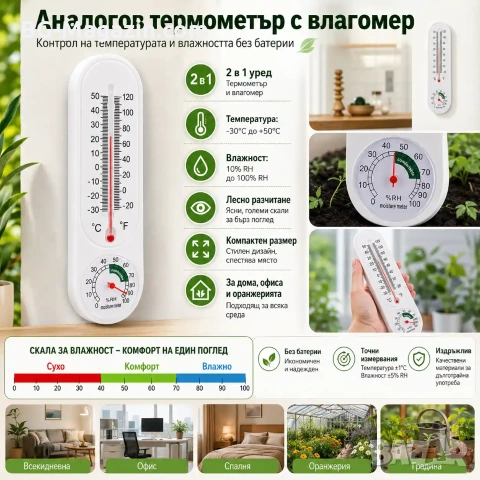 Евтин аналогов термометър с влагомер хигрометър за дома стая балкон вътрешна и външна температура, снимка 7 - Други стоки за дома - 51028423