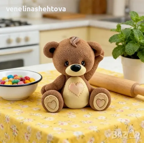3D седнало мече със сърце вдигната ръчичка силиконов молд свещи гипс сапун фондан декорация торта , снимка 2 - Форми - 48990377