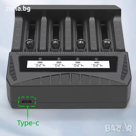 Универсално зарядно устройство за батерии 4 слота LCD – Li-ion Ni-MH AA AAA 26650 21700 USB-C 10446, снимка 10 - Друга електроника - 54703173