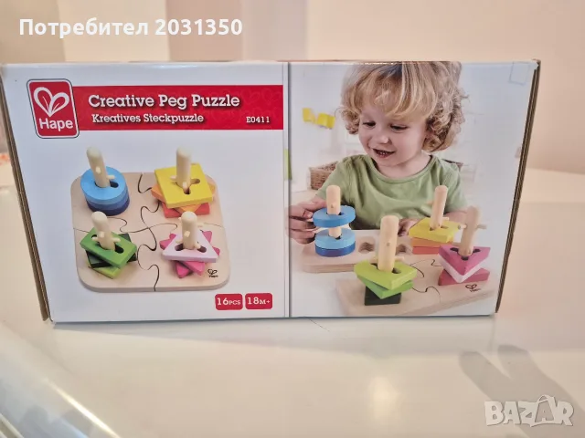 Hape играчка за сортиране на форми и цветове Early Explorer Creative Peg Puzzle от дърво за 18+, снимка 4 - Образователни игри - 55615351