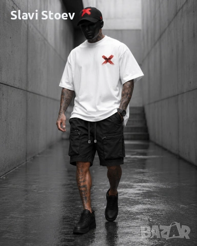 Мъжки Streetwear Комплект – Тениска, Карго Къси Панталони и Шапка, снимка 5 - Спортни дрехи, екипи - 54857632